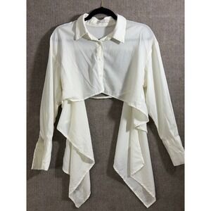 Musera White Button Down Blouse XS Cropped Asymmetrical Draped Long Sleeve‎ Top